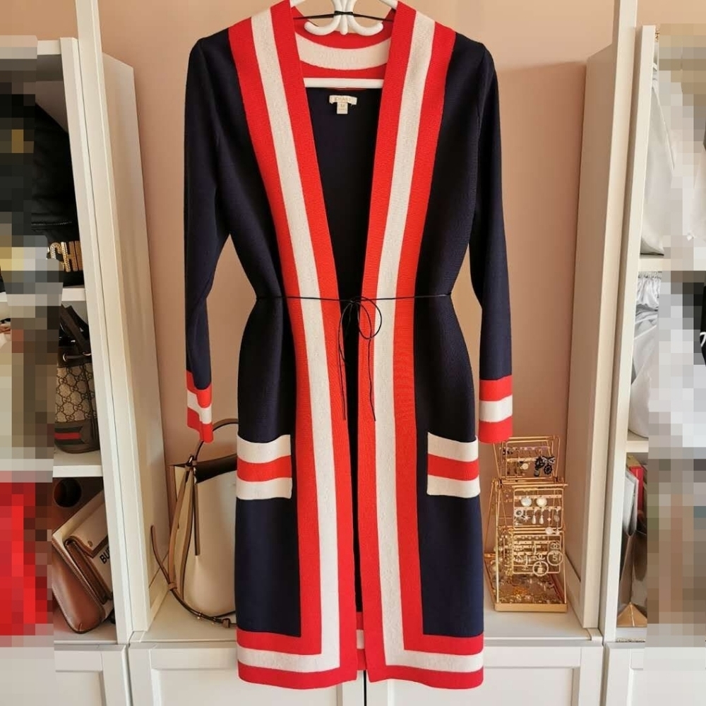 Dark blue long cardigan with red and white trims